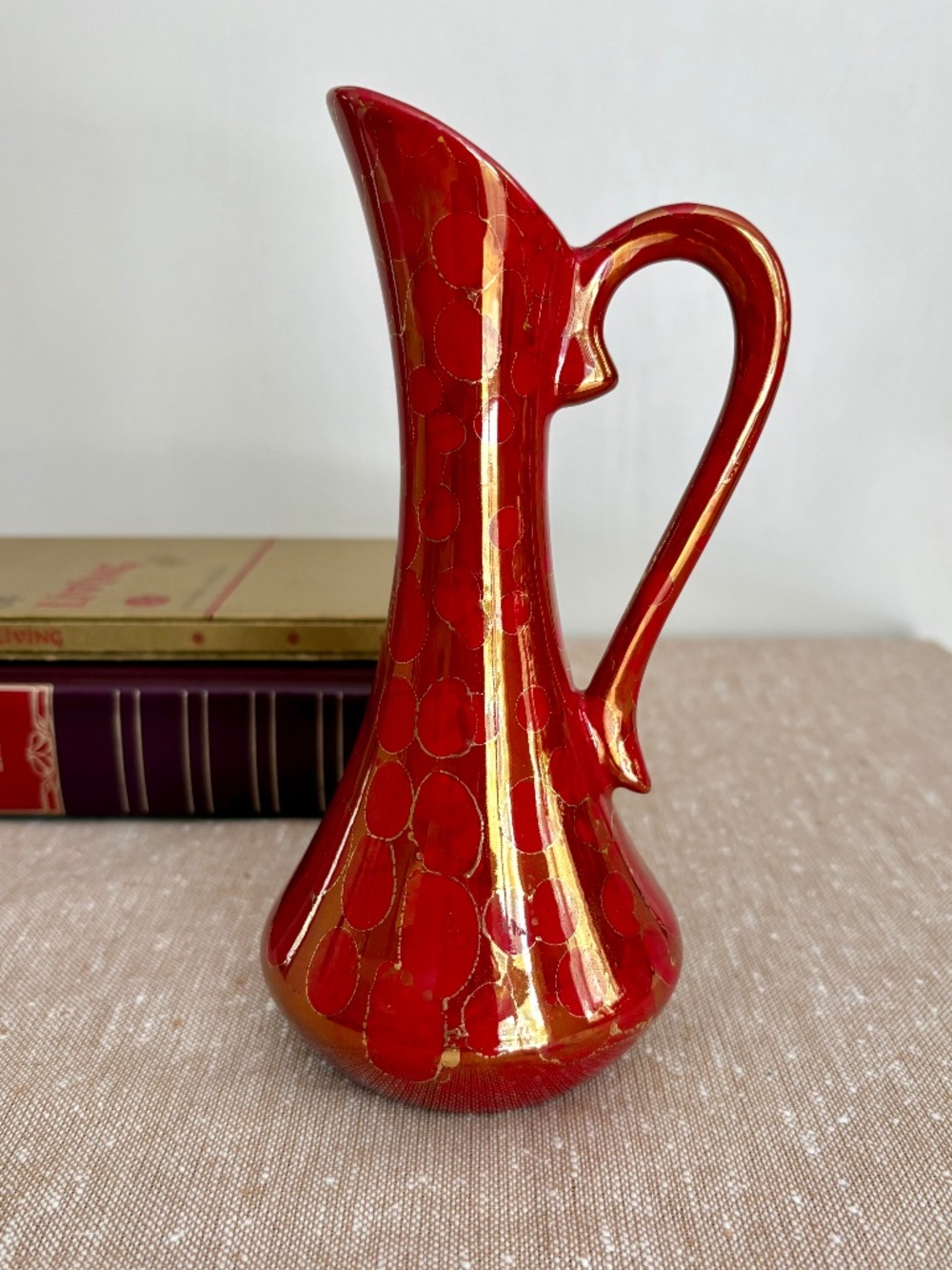Vintage MCM 1977 Signed Studio Art Pottery Boho Red Gold Ewer Pitcher